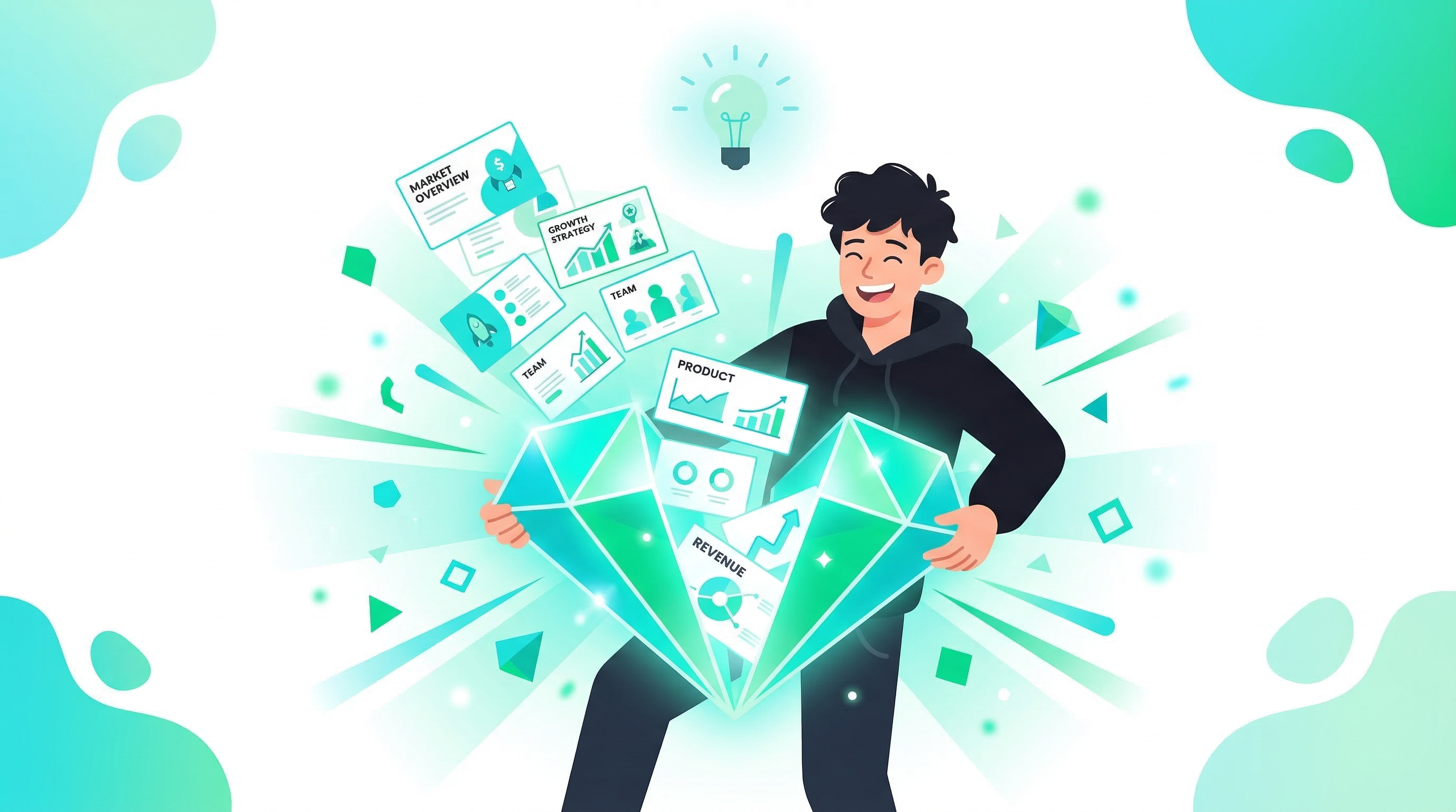 Cartoon founder cracking open a golden pitch deck lock with a lightbulb moment