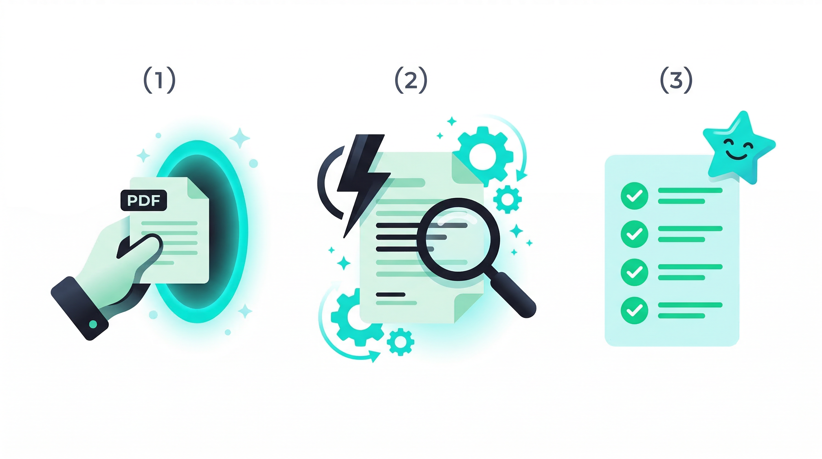 3-step process: upload PDF, AI lightning analysis, checklist with green checks